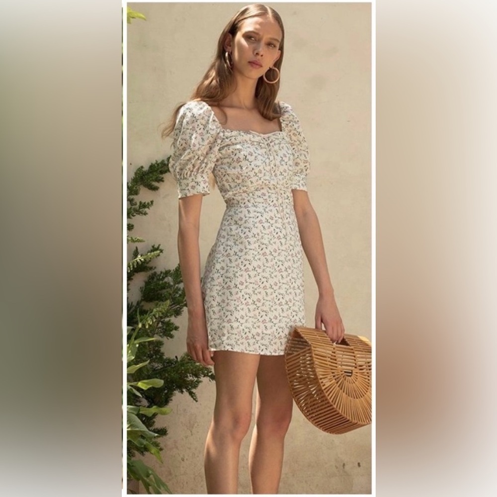 limjia shop coquette floral ruched puff sleeve cinched mini dress Size Large